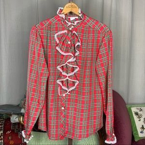 80s Ruffled Tartan Blouse